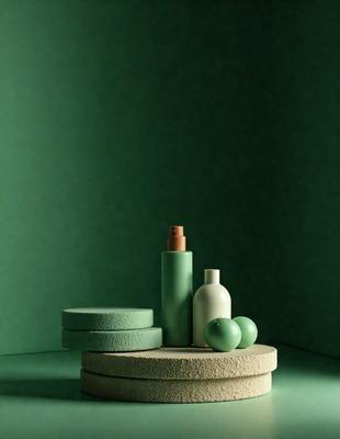 The primary subject of the image is a collection of three bottles and three round objects, which appear to be soap dishes. The setting is a green background, which creates a calm and soothing atmosphere. The visual style is a close-up shot of the objects, showcasing their details and textures. The colors are predominantly green, which adds to the serene and natural ambiance of the scene.